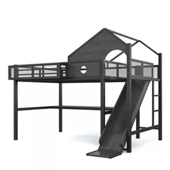 Metal loft bed frame with slide and house design