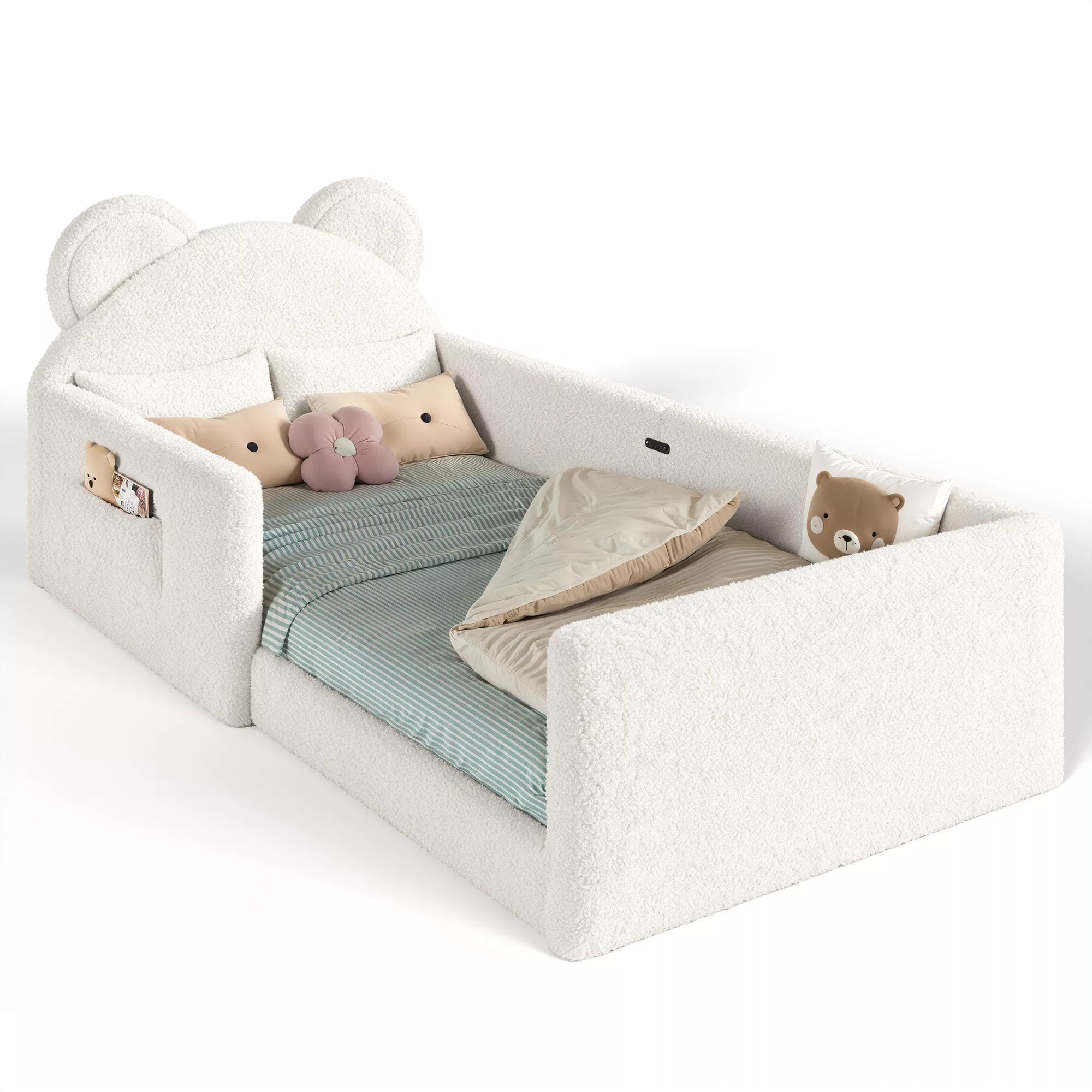 Bear shaped upholstered kids bed with teddy fabric headboard
