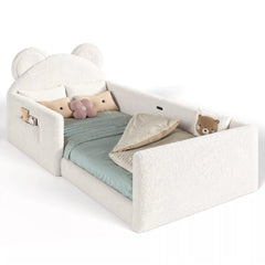 Bear shaped upholstered kids bed with teddy fabric headboard