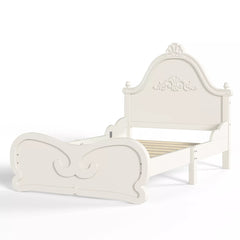 White Solid Wood Platform Bed with Vintage Carved Headboard