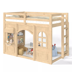 Twin size kids loft bed with built-in storage shelves and open play space
