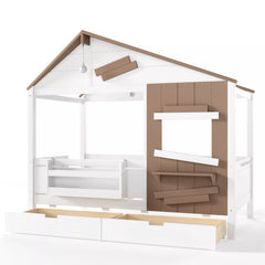 Bellemave® Wooden Farmhouse House Bed with Storage Drawers, Window Shelf & Side Hooks, Kids Playhouse Floor Bed