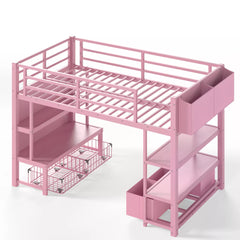Pink twin low loft bed frame with built in storage space