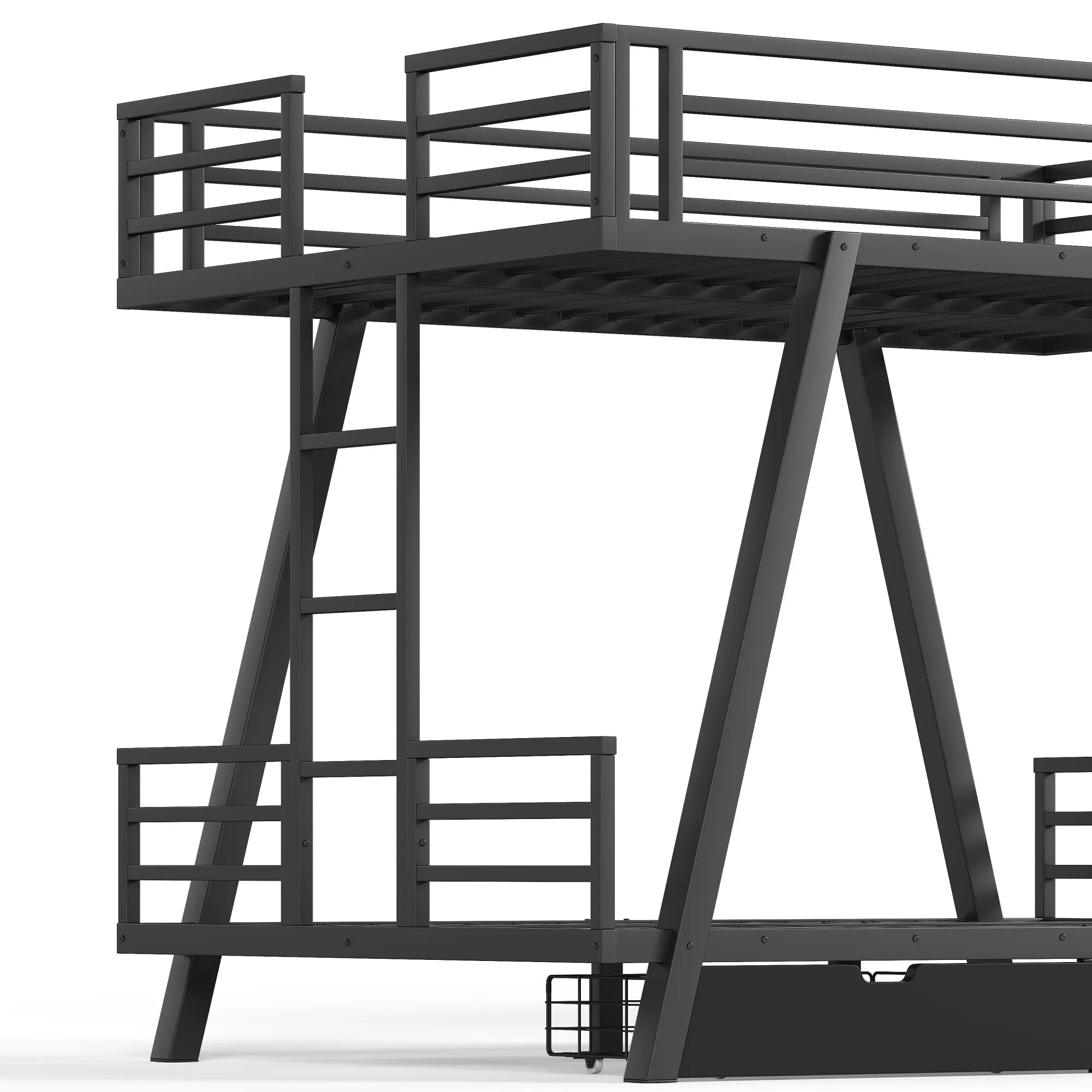 Close-up of metal bunk bed frame with angled support legs and side ladder