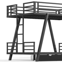 Close-up of metal bunk bed frame with angled support legs and side ladder