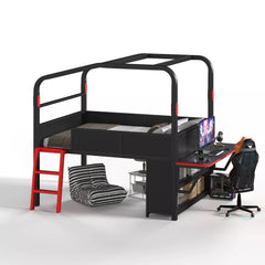 Bellemave® Gaming Bed with Side Desk & LED Lights, Metal Loft Bed with Storage Cabinets, USB Ports & Canopy Design for Kids Teens Bellemave®