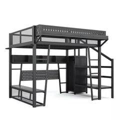 Metal gaming loft bed with storage staircase and wardrobe