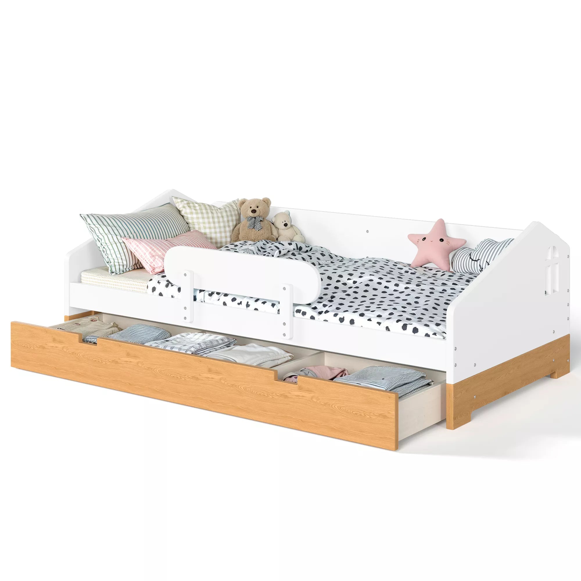 House floor bed with storage drawer and safety guardrails