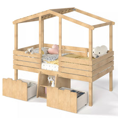 Bellemave® House Bed with Stairs & Storage Drawers for Kids, Wood Low Loft Bed Frame, House-shaped Roof, Childlike Design, Farmhouse Style Bellemave®