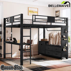 Bellemave® Queen Size Metal Loft Bed with Desk, Storage Shelves & Clothesline Pole, Storage pegboard, Laundry Bag,for Adults, Kids, Teens, Black Bellemave®