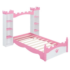 Bellemave® Twin Size Castle-Shaped Wooden Platform Bed with Storage Shelf