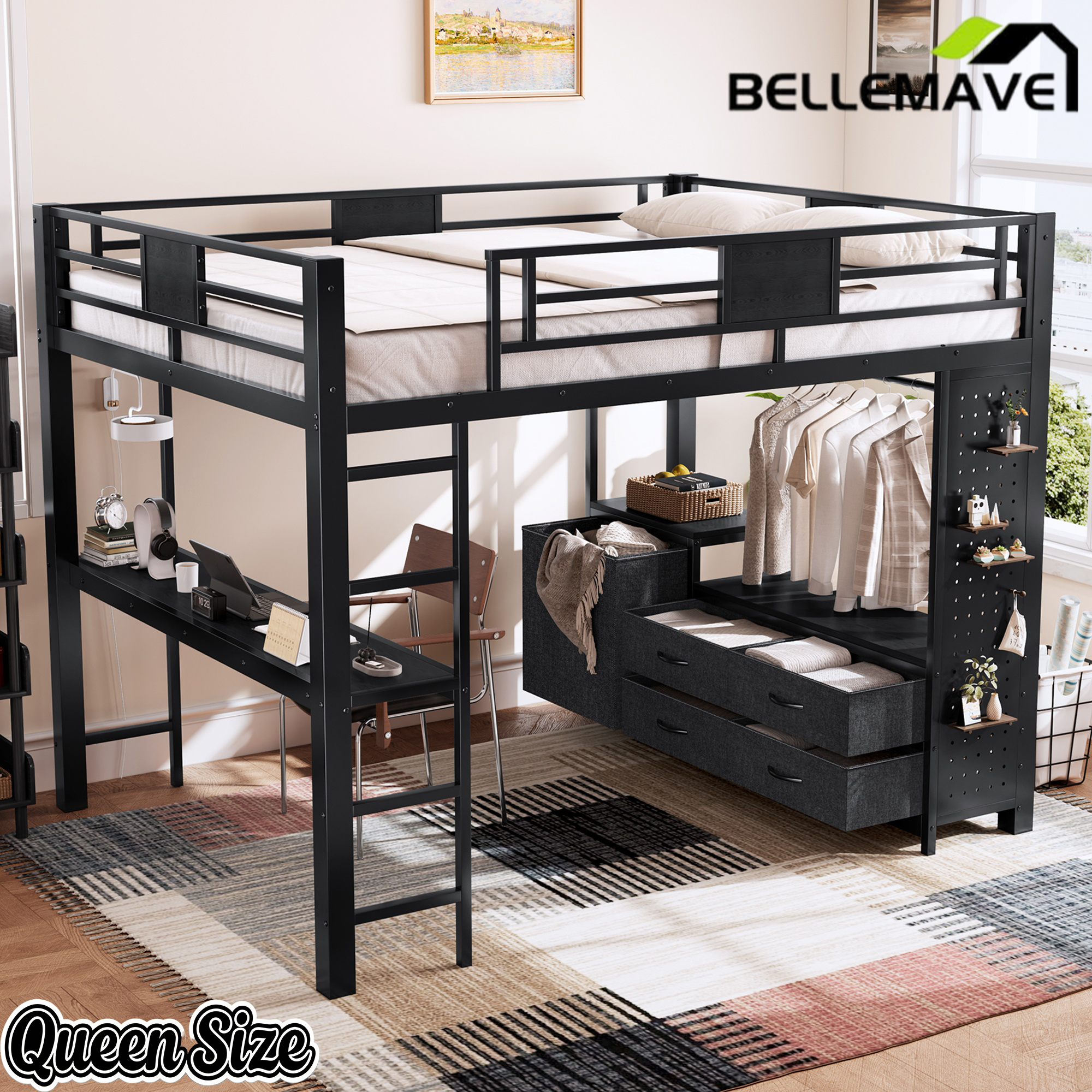 Bellemave® Queen Size Metal Loft Bed with Desk, Storage Shelves & Clothesline Pole, Storage pegboard, Laundry Bag,for Adults, Kids, Teens, Black Bellemave®