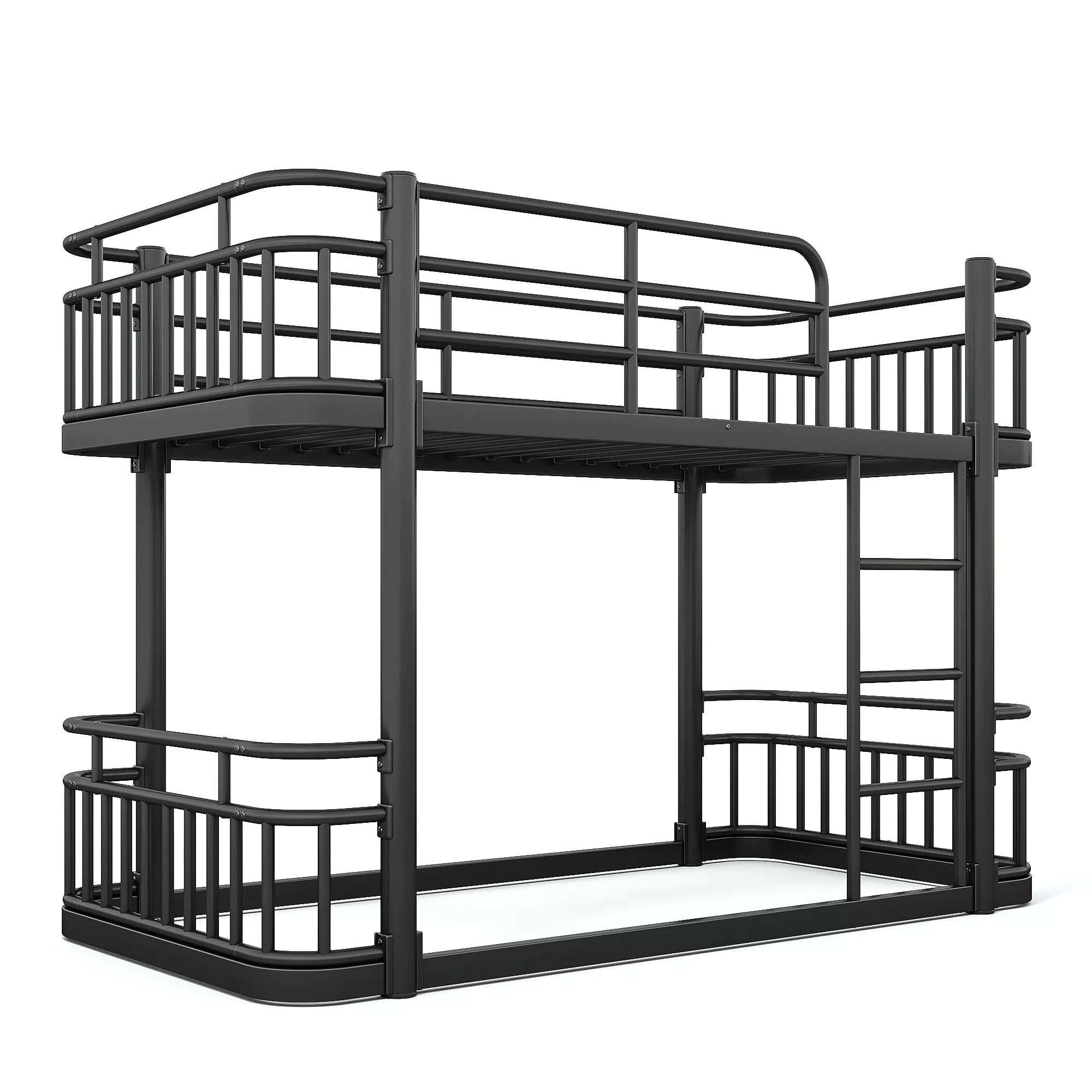 metal bunk bed side view with ladder and guardrails