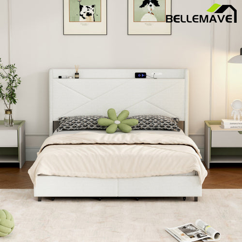 Bellemave® Queen Size Upholstered Platform Bed with Storage Headboard, LED, USB Charging and 2 Drawers