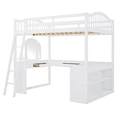 Bellemave® Full Size Wooden Loft Bed with U-shaped Desk,Storage Compartments and Tri-fold Mirror