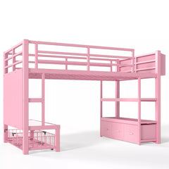 Twin metal loft bed with open storage shelves and drawer