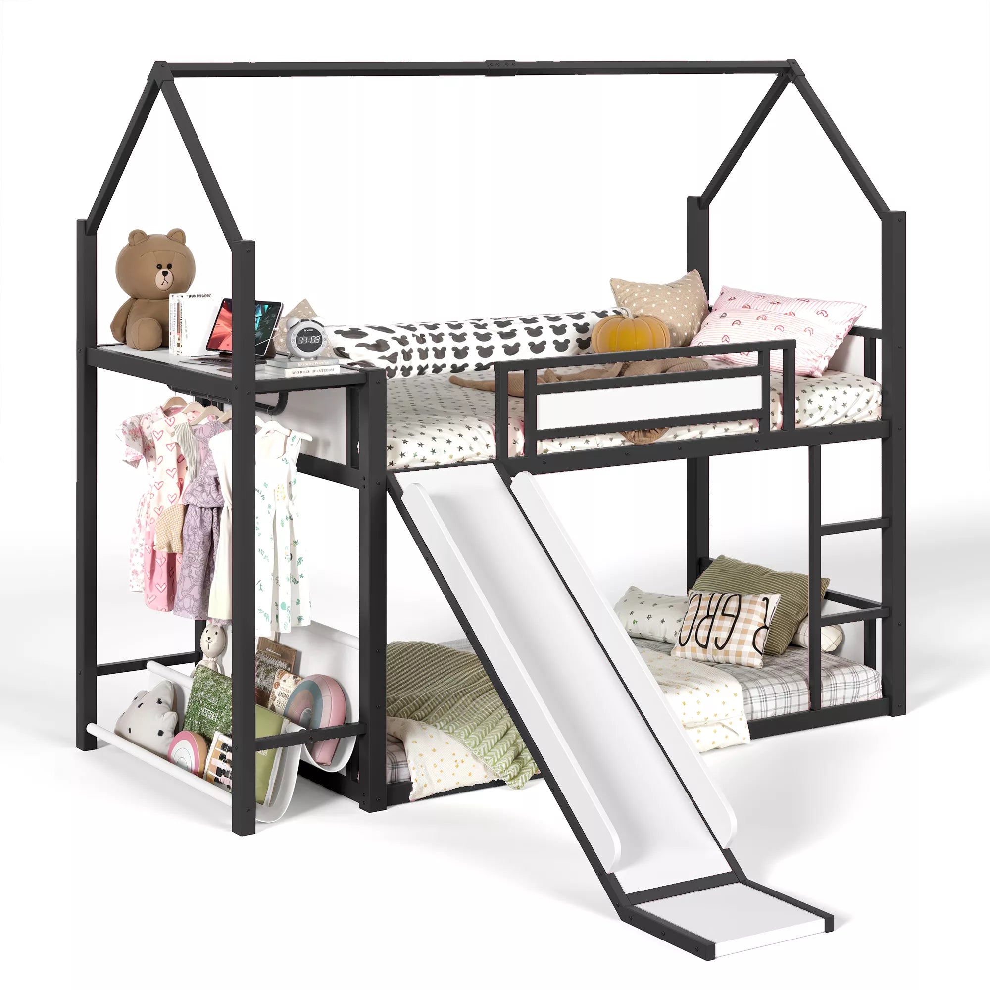 Twin Over Twin Metal Playhouse Bunk Bed with LED Hanging Area