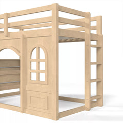 Low height twin loft bed frame with decorative play windows for kids bedroom