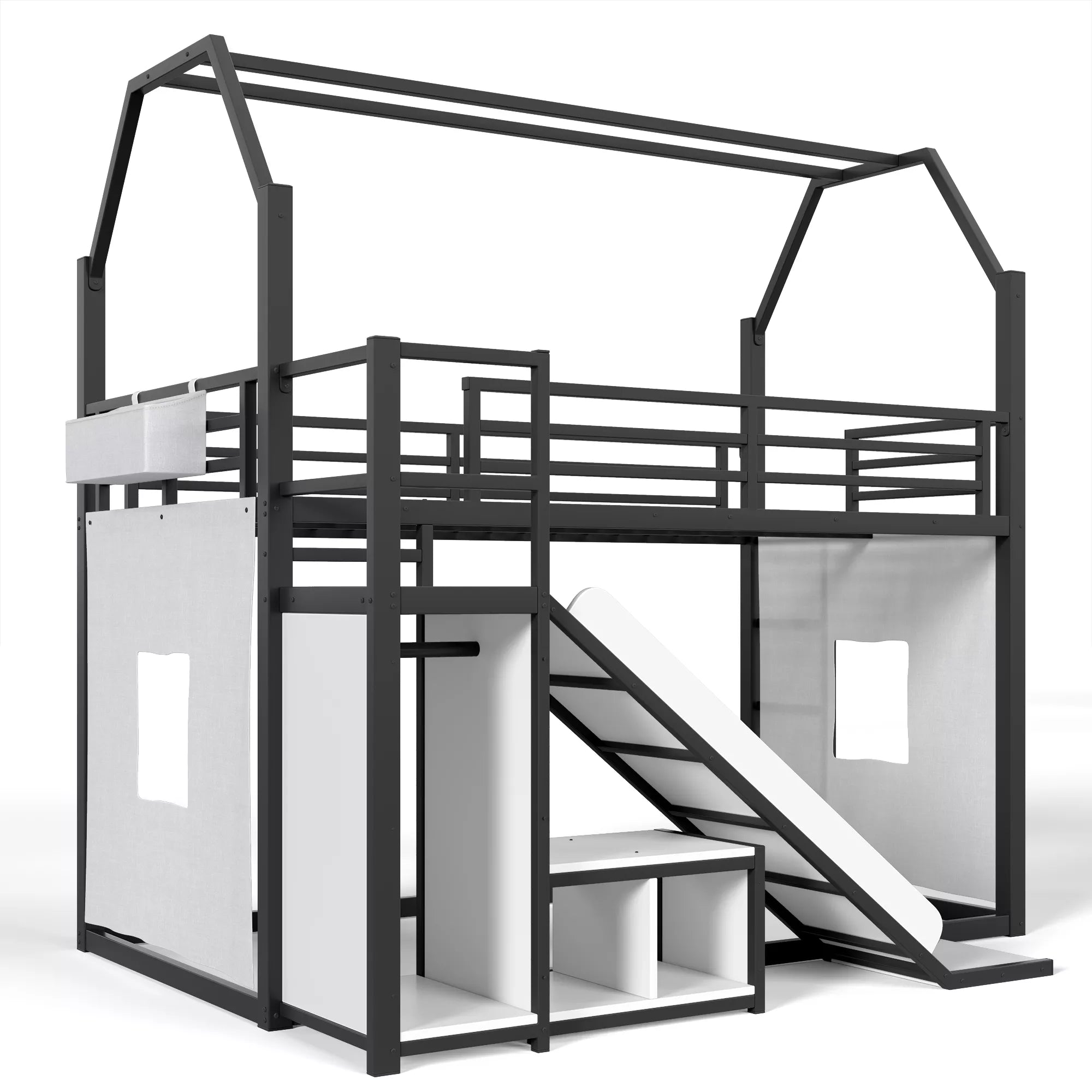 Twin loft bed with house design and under bed play space