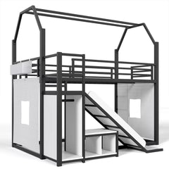 Twin loft bed with house design and under bed play space