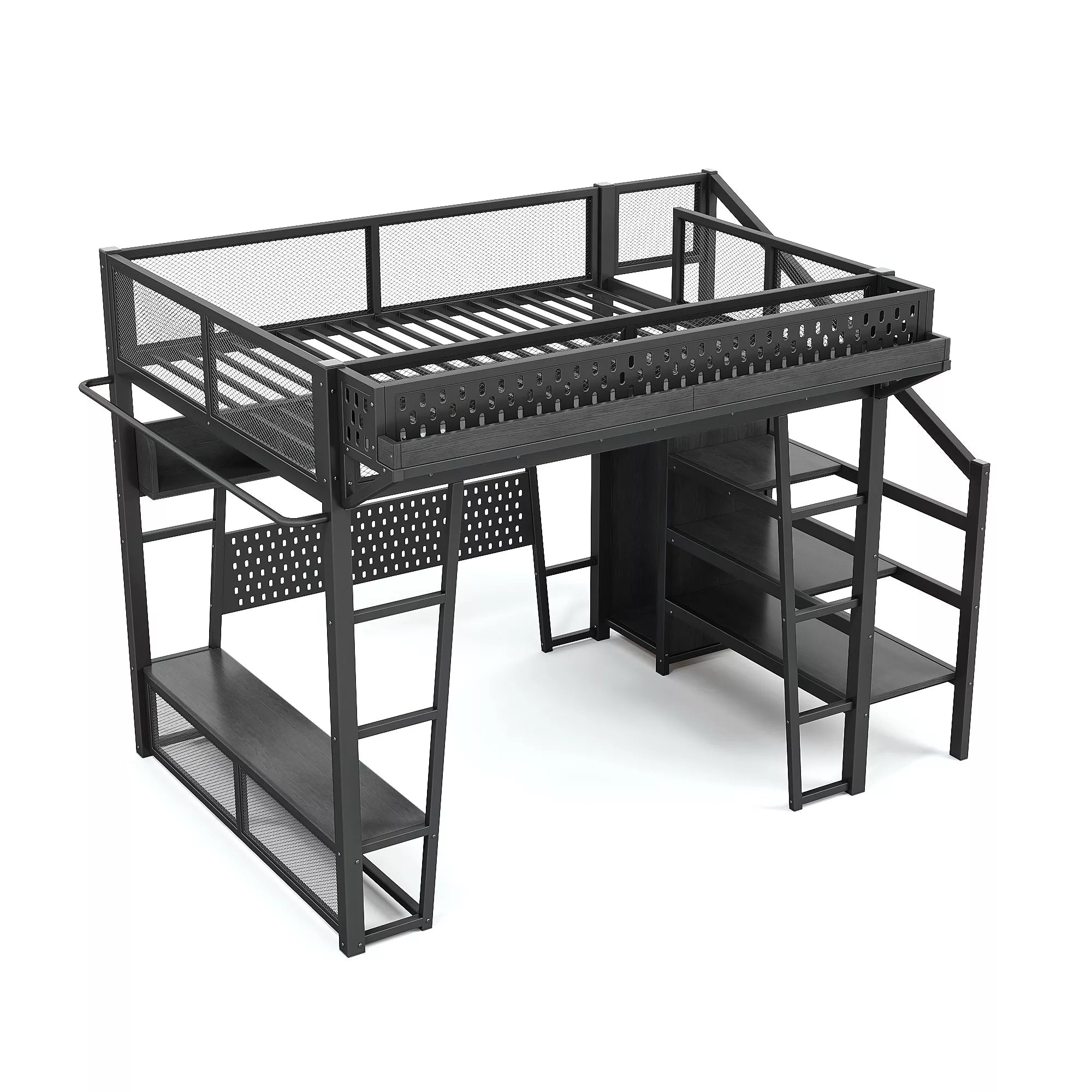 Gaming loft bed frame with built in storage shelves