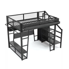 Gaming loft bed frame with built in storage shelves