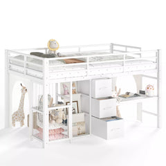 white twin metal low loft bed with desk and storage drawers