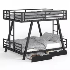 Black metal bunk bed with guardrails, angled support legs, and storage drawers