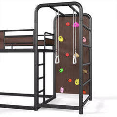 Kids metal loft bed with climbing wall, basketball hoop and slide play features