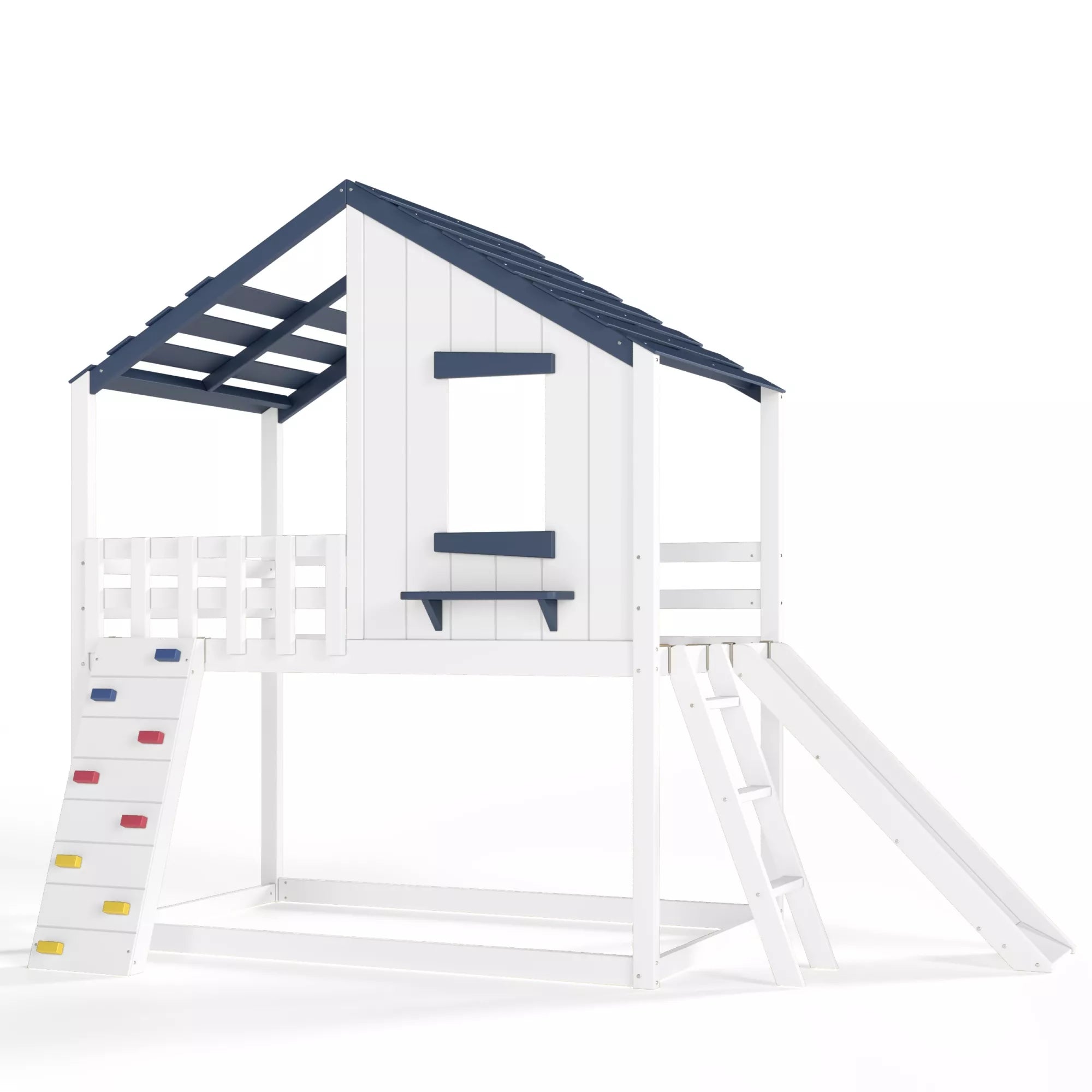 Playhouse loft bed with ladder and safety guardrails