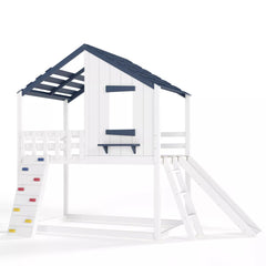 Playhouse loft bed with ladder and safety guardrails