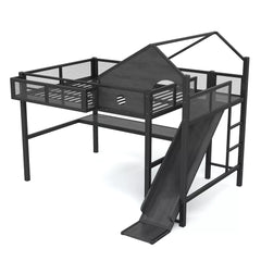Multifunctional loft bed with desk slide and shelves