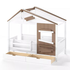 Bellemave® Wooden Farmhouse House Bed with Storage Drawers, Window Shelf & Side Hooks, Kids Playhouse Floor Bed