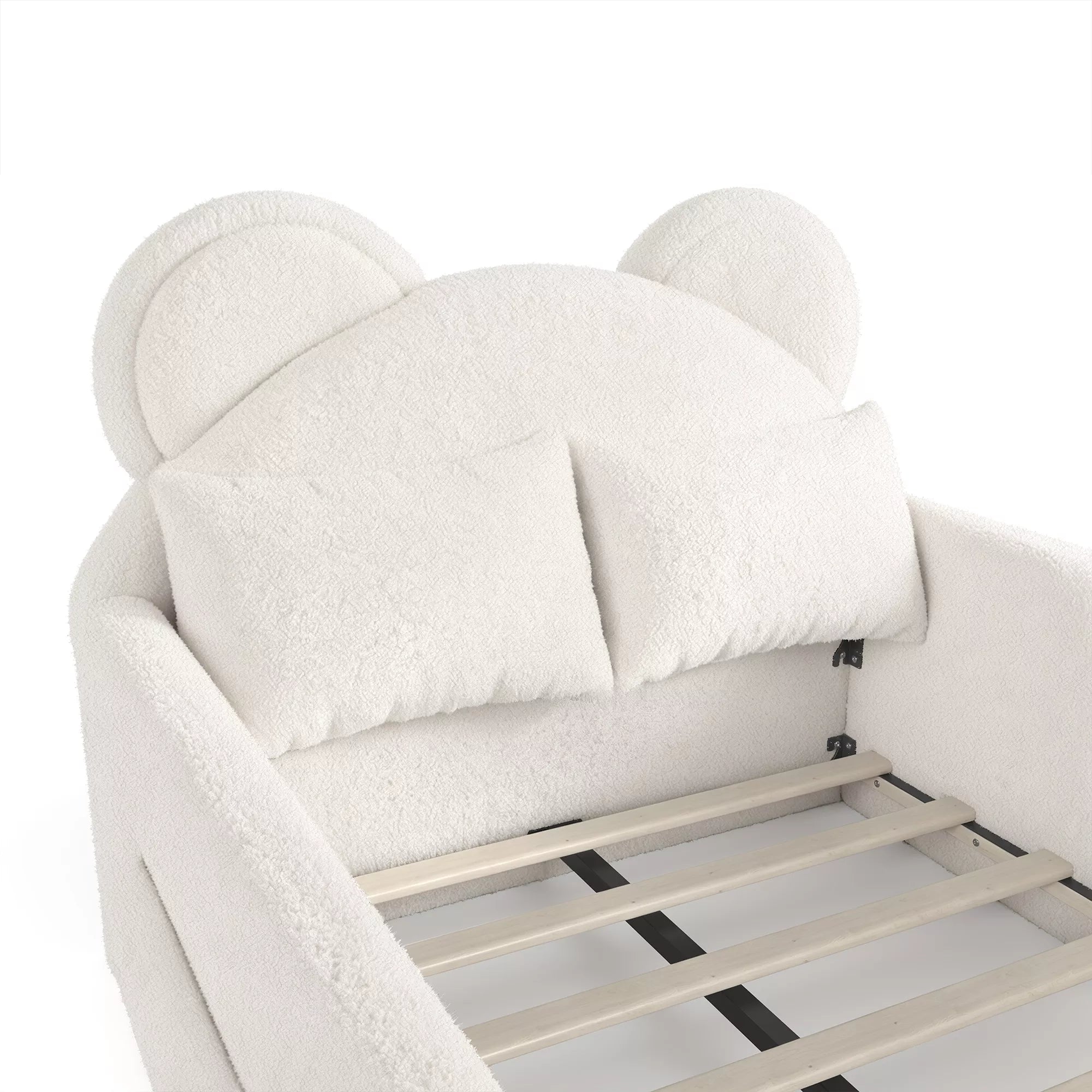 Close view of bear shaped headboard on teddy fabric floor bed