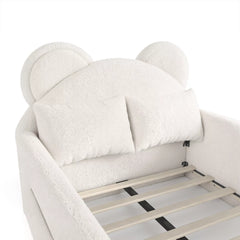 Close view of bear shaped headboard on teddy fabric floor bed