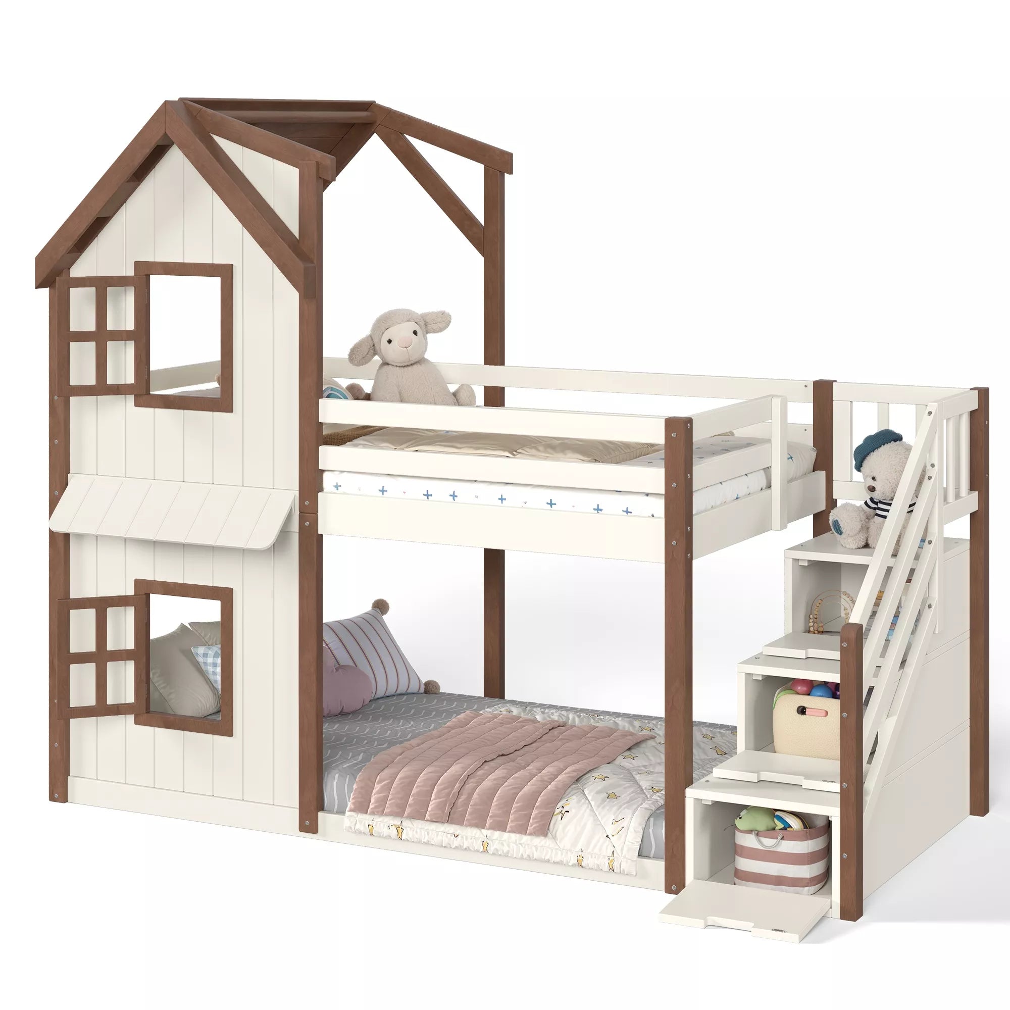Kids playhouse bunk bed with roof and windows