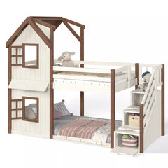 Kids playhouse bunk bed with roof and windows