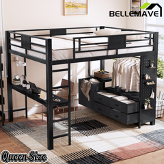 Bellemave® Queen Size Metal Loft Bed with Desk, Storage Shelves & Clothesline Pole, Storage pegboard, Laundry Bag,for Adults, Kids, Teens, Black Bellemave®