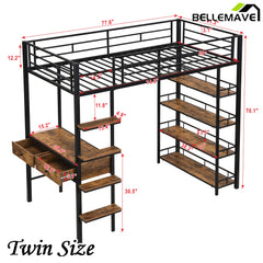 Bellemave® Metal Loft bed with Desk and Shelves