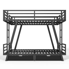Front view of black metal bunk bed with upper and lower sleeping areas