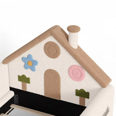 House shaped upholstered floor bed headboard detail