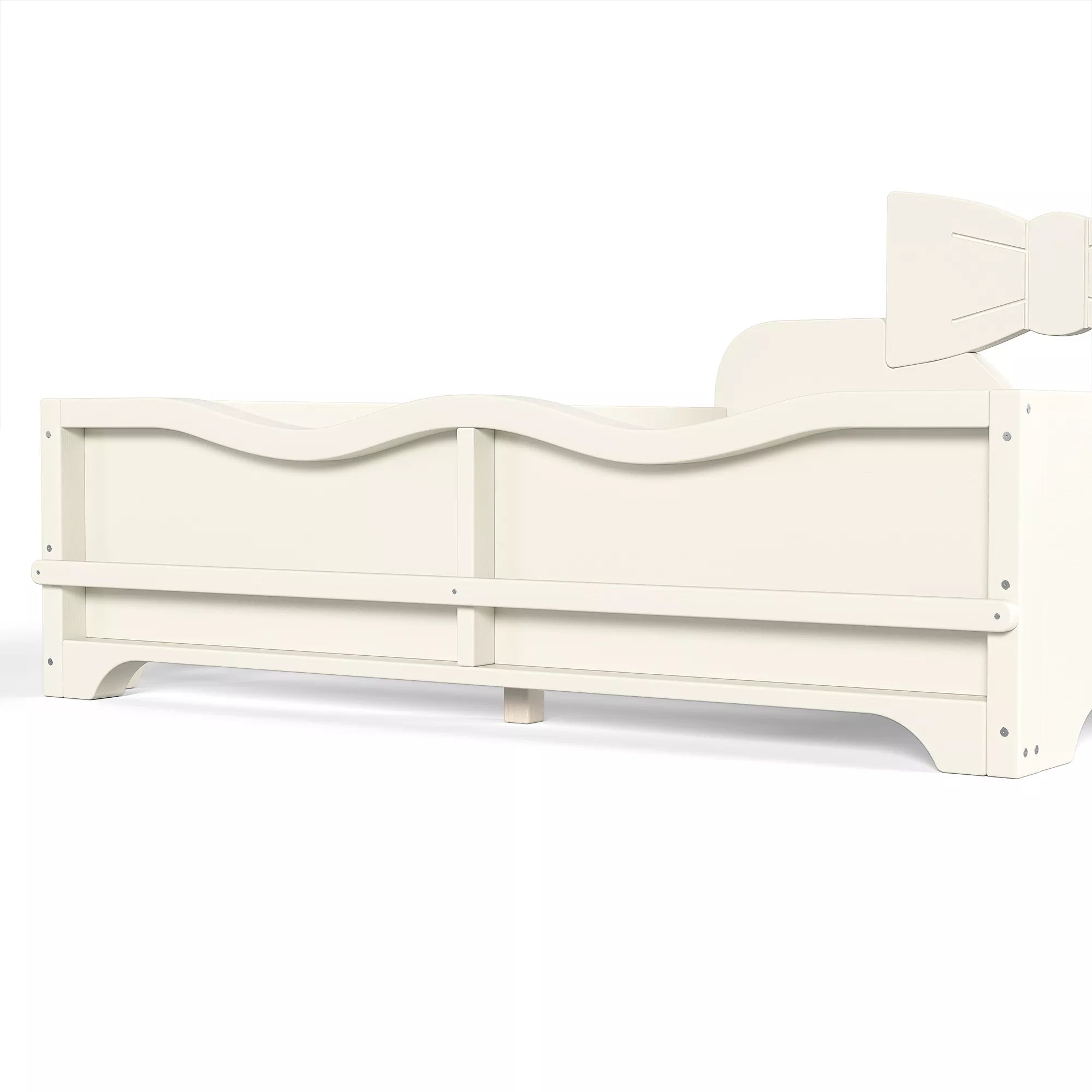 Side view of footboard book storage shelf for white kids bed, wavy safety rail design