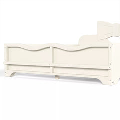 Side view of footboard book storage shelf for white kids bed, wavy safety rail design