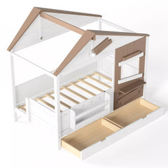 Bellemave® Wooden Farmhouse House Bed with Storage Drawers, Window Shelf & Side Hooks, Kids Playhouse Floor Bed