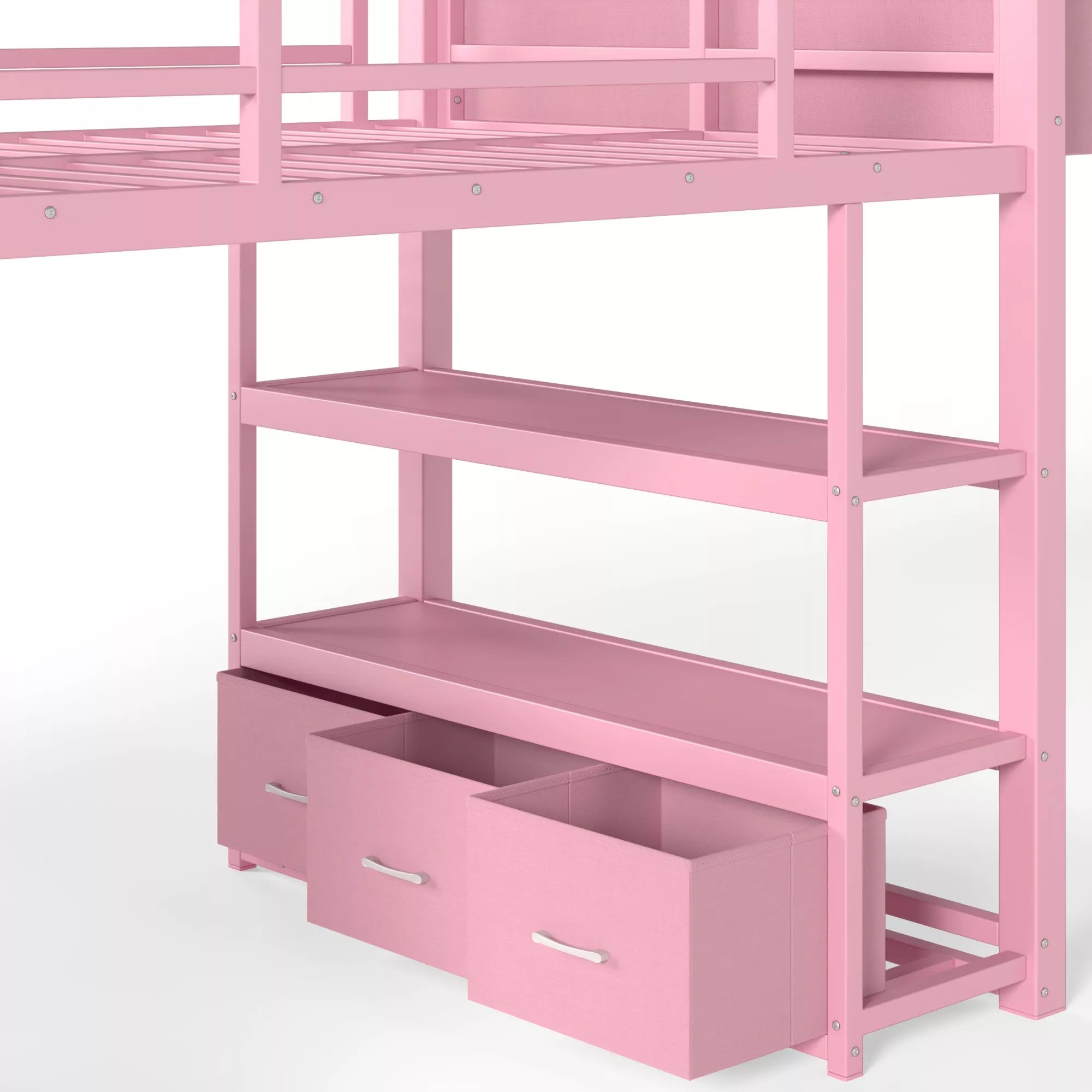 Low loft bed frame with bookshelf and under bed storage