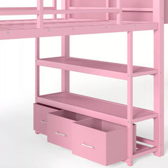 Low loft bed frame with bookshelf and under bed storage