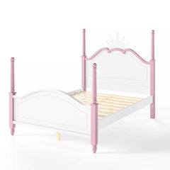 Four poster platform bed with crown shaped headboard