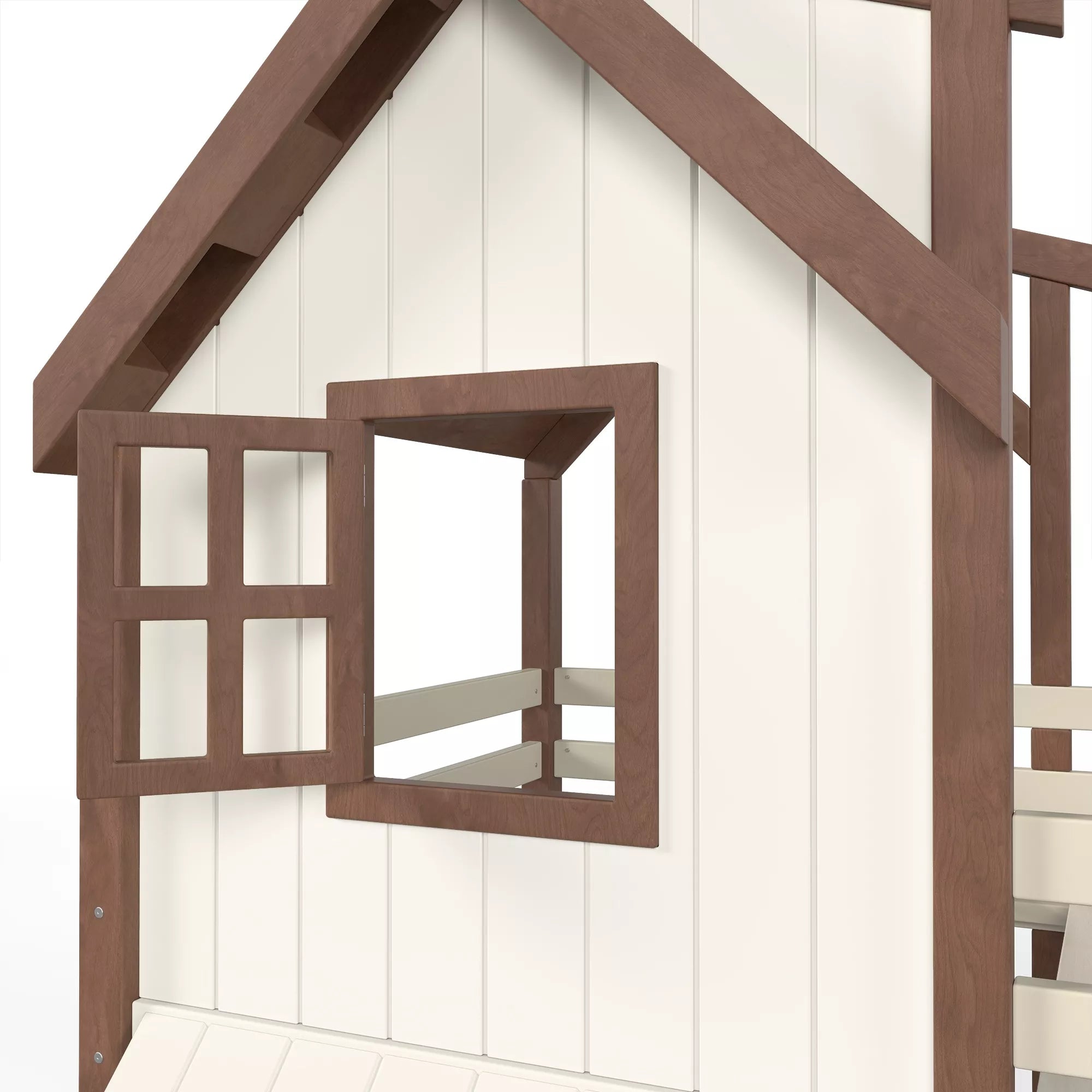 Solid wood bunk bed frame with roof and windows