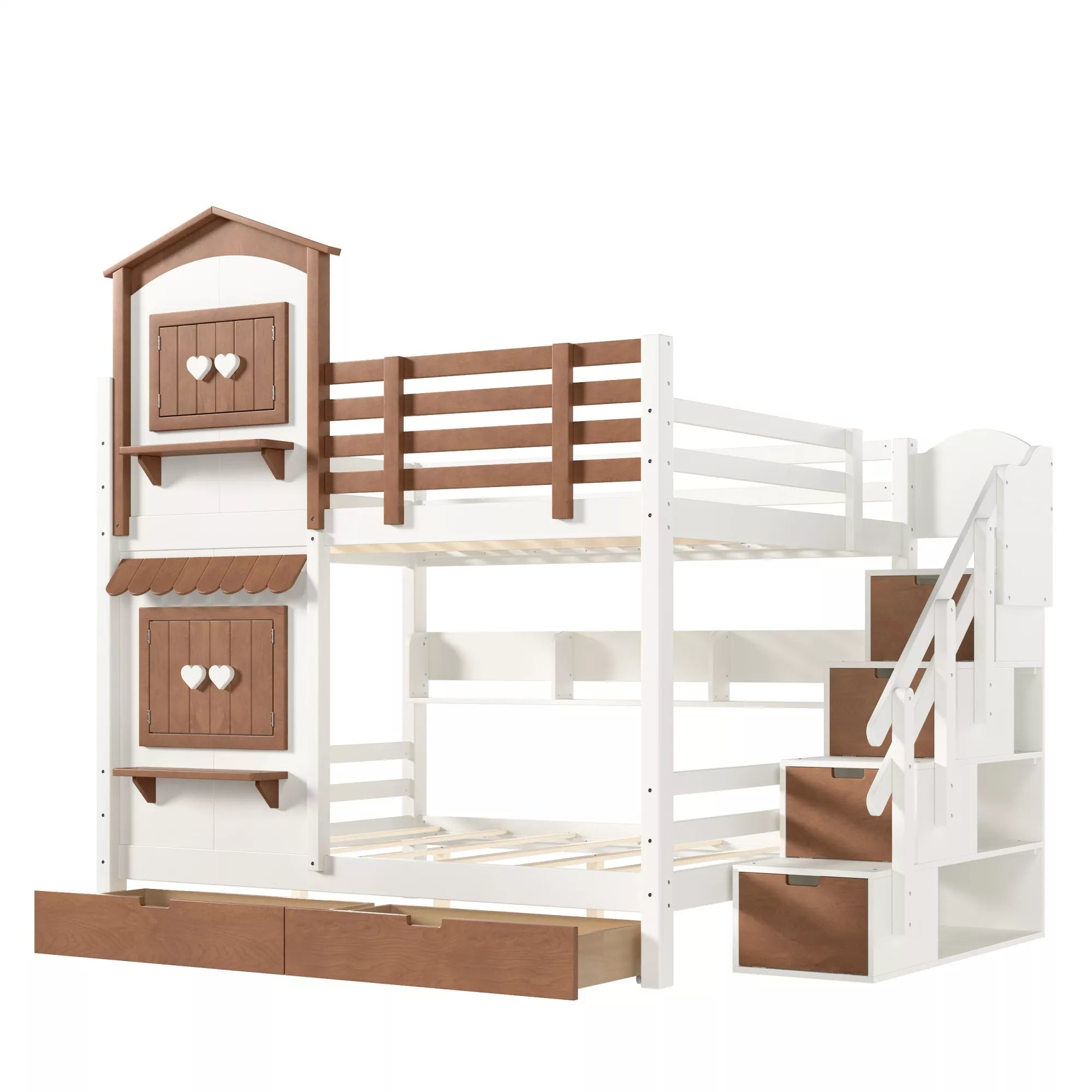 Kids wooden bunk bed with storage staircase and playhouse design