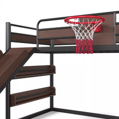 Metal loft bed with slide and climbing wall creating a fun activity space for children